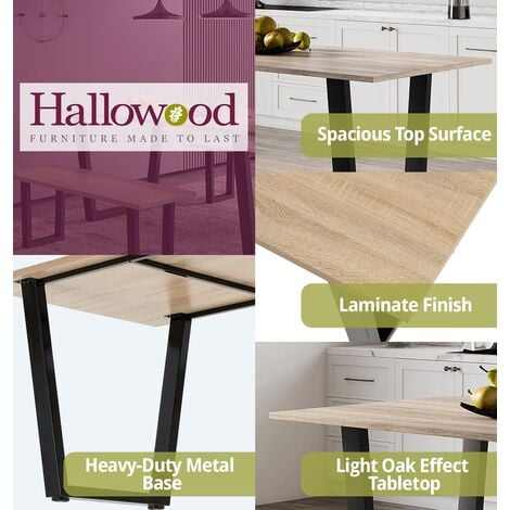 Hallowood Furniture Dudley Dining Table and Bench Set, Industrial Style Dining Table with Black Metal U Shaped Legs (150cm) & 2 Benches, Modern Kitchen Table Dining Room Set