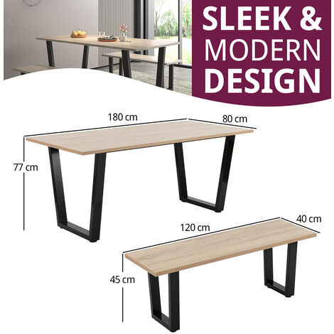 Hallowood Furniture Dudley Dining Table and Bench Set, Industrial Style Dining Table with Black Metal U Shaped Legs (180cm) & 2 Benches, Modern Kitchen Table Dining Room Set