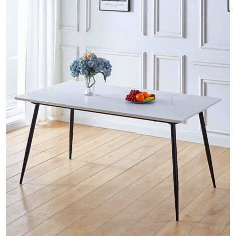 Hallowood Furniture Cullompton Large Rectangular Marble Effect Top White Dining Table with Black Metal Legs, 6-8 Seater Dinner Table for Dining Rooms, Kitchens, or Cafés (160 x 90 cm)
