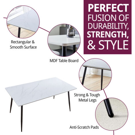 Hallowood Furniture Cullompton Large Rectangular Marble Effect Top White Dining Table with Black Metal Legs, 6-8 Seater Dinner Table for Dining Rooms, Kitchens, or Cafés (160 x 90 cm)