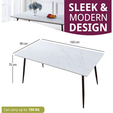 Hallowood Furniture Cullompton Large Rectangular Marble Effect Top White Dining Table with Black Metal Legs, 6-8 Seater Dinner Table for Dining Rooms, Kitchens, or Cafés (160 x 90 cm)