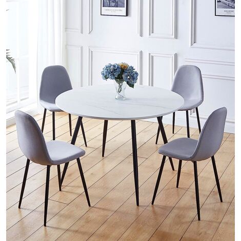 Hallowood Furniture Cullompton Large Dining Table and Chairs Set 4, White Marble Effect Top Round Table and Chairs Upholstered in Grey Fabric Chairs with Black Metal Legs for Home and Cafes (1/5)