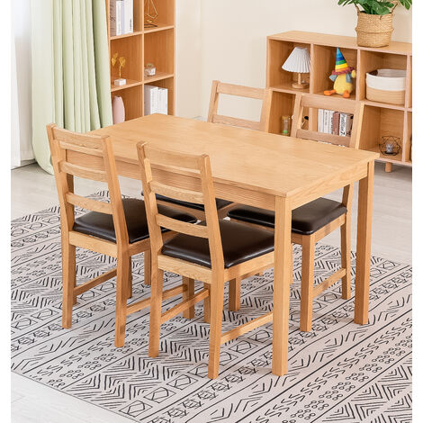 Hallowood Furniture Waverly Oak Small Dining Table and Chairs Set 4, Solid Oak Rectangular Kitchen Table and Chairs with Ladder Back and Brown Bonded Leather Upholstered Seats for Home and Café (1/5)