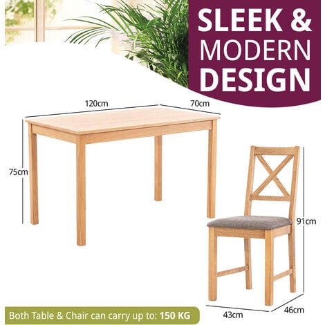 Hallowood Furniture Waverly Oak Dining Table and Chairs Set of 4, Small Dining Table (120x70cm) & Cross Back Oak Dining Chairs w/ Grey Seat, Wooden Table and Chairs for Home & Cafe