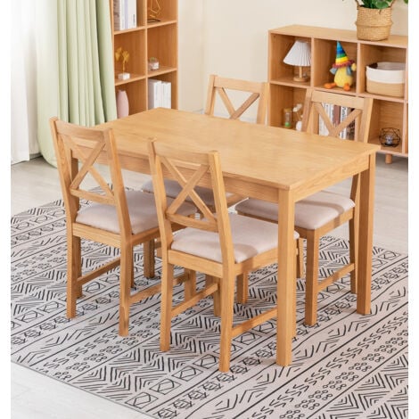 Hallowood Furniture Waverly Oak Small Dining Table and Chairs Set 4, Wooden Table (120x70cm) & Cross Back Solid Oak Chairs w/ Beige Seat, Dining Table and Chairs for Home & Cafe