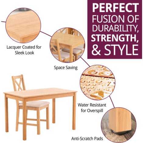 Hallowood Furniture Waverly Oak Small Dining Table and Chairs Set 4, Wooden Table (120x70cm) & Cross Back Solid Oak Chairs w/ Beige Seat, Dining Table and Chairs for Home & Cafe