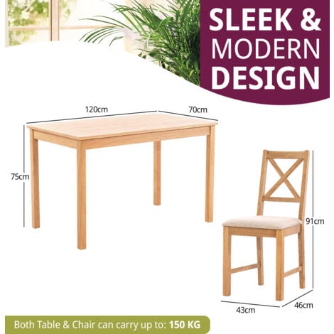 Hallowood Furniture Waverly Oak Small Dining Table and Chairs Set 4, Wooden Table (120x70cm) & Cross Back Solid Oak Chairs w/ Beige Seat, Dining Table and Chairs for Home & Cafe