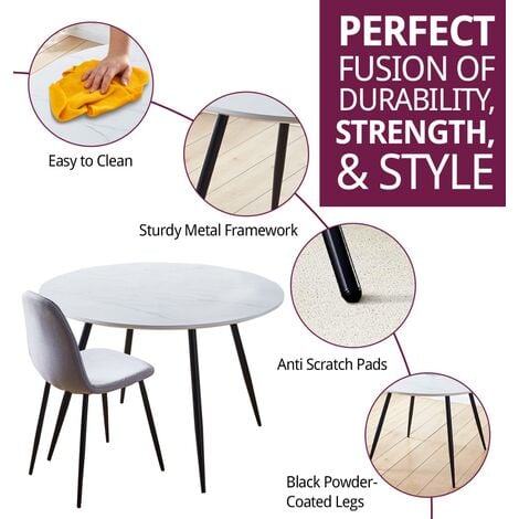 Hallowood Furniture Cullompton Large Dining Table and Chairs Set 6, White Marble Effect Round Dining Table, Kitchen Table (120cm) and Grey Chairs, Dining Room Sets for Home and Cafe