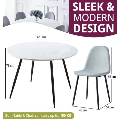 Hallowood Furniture Cullompton Large Dining Table and Chairs Set 6, White Marble Effect Round Dining Table, Kitchen Table (120cm) and Grey Chairs, Dining Room Sets for Home and Cafe