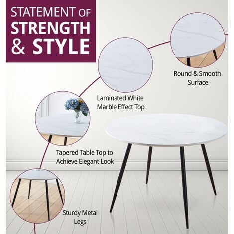 Hallowood Furniture Cullompton Large Dining Table and Chairs Set 6, White Marble Effect Round Dining Table, Kitchen Table (120cm) and Grey Chairs, Dining Room Sets for Home and Cafe