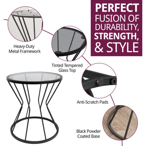 Hallowood Furniture Burton Black Metal Coffee Table, Round Side Table with Tinted Glass Top, Side Table with Power Coated Metal Frame, Bedside Table, Sofa Side Magazine Table