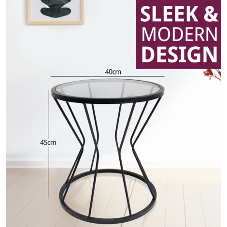 Hallowood Furniture Burton Black Metal Coffee Table, Round Side Table with Tinted Glass Top, Side Table with Power Coated Metal Frame, Bedside Table, Sofa Side Magazine Table