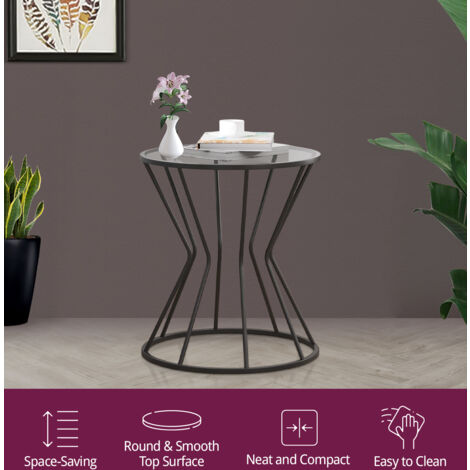 Hallowood Furniture Burton Black Metal Coffee Table, Round Side Table with Tinted Glass Top, Side Table with Power Coated Metal Frame, Bedside Table, Sofa Side Magazine Table