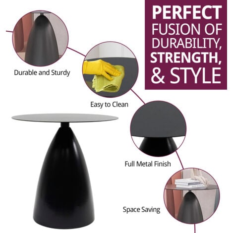 Hallowood Furniture Bourton Round Side Table, Black Metal Coffee Table, Chic Magazine Table, End Table, Modern Bedside Table with Powder Coated Frame, Small Side Table
