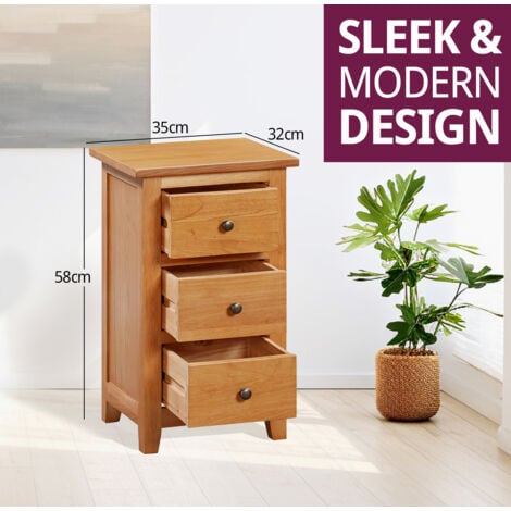 Hallowood Furniture Aston Oak Narrow Side Table with 3Drawers, Bedside Table, Light Oak Wooden Bedside Cabinet, Hallway Table, Slim Chest of Drawers for Living Room, Bedroom