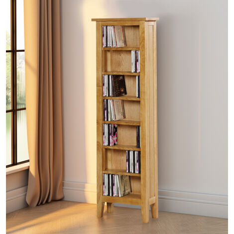 Hallowood Furniture Aston CD Storage Shelf Unit, 7-Tier Narrow CD Rack Tower, Solid Wooden Storage Unit for CDs, Books, Media, An Oak Furniture for Living Room, Bedroom & Office (1/5)