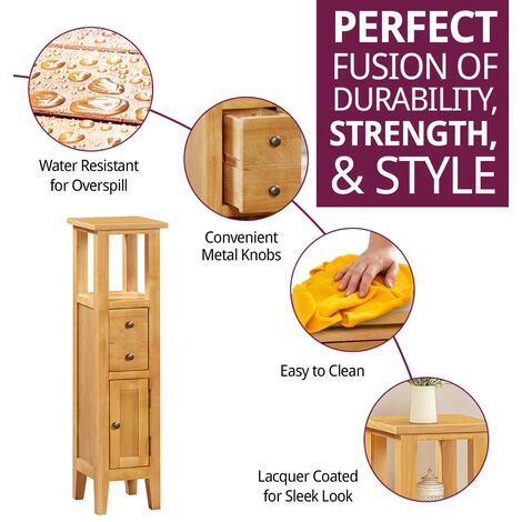 Hallowood Furniture Aston Oak Compact Bathroom Cabinet with Deep Drawer, Wooden Display Cabinet with Cupboard, Narrow Storage Unit, Living Room Slim Tower Storage Unit
