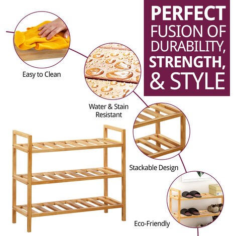 Hallowood Furniture Aston Rubberwood 3 Tier Shoe Rack, Solid Wooden Shoe Storage for Hallway, Oak Shoe Rack, Space Saving Shoes Storage, Shoe Organiser for 9 Pairs of Shoes