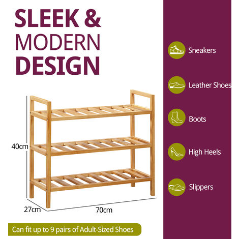 Hallowood Furniture Aston Rubberwood 3 Tier Shoe Rack, Solid Wooden Shoe Storage for Hallway, Oak Shoe Rack, Space Saving Shoes Storage, Shoe Organiser for 9 Pairs of Shoes