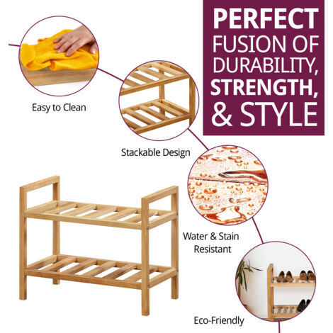 Hallowood Furniture Rubberwood 2 Tier Shoe Rack, Solid Wood Shoe Storage Rack, Oak Shoe Rack for Hallway, Space Saving Shoe Storage, Modern Shoe Organiser for 6 Pairs Shoes