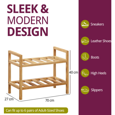 Hallowood Furniture Rubberwood 2 Tier Shoe Rack, Solid Wood Shoe Storage Rack, Oak Shoe Rack for Hallway, Space Saving Shoe Storage, Modern Shoe Organiser for 6 Pairs Shoes