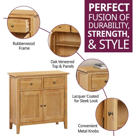 Hallowood Furniture Aston Oak Small Sideboard with 2 Drawers & Cupboard, Wooden Sideboard with Adjustable Shelves, Wide Storage Dresser, Cabinets for Living Room & Bedroom