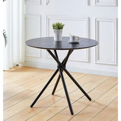 Hallowood Furniture Cullompton Small Round Dining Table with Wooden Effect Top and Black Metal Legs, Black Dining Table, Wooden Dining Table, Dining Table for Home and Cafe (90cm)