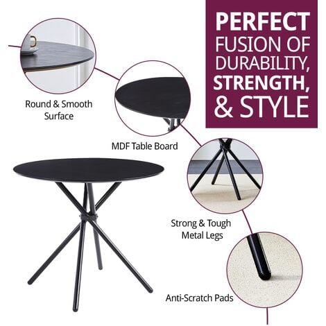 Hallowood Furniture Cullompton Small Round Dining Table with Wooden Effect Top and Black Metal Legs, Black Dining Table, Wooden Dining Table, Dining Table for Home and Cafe (90cm)