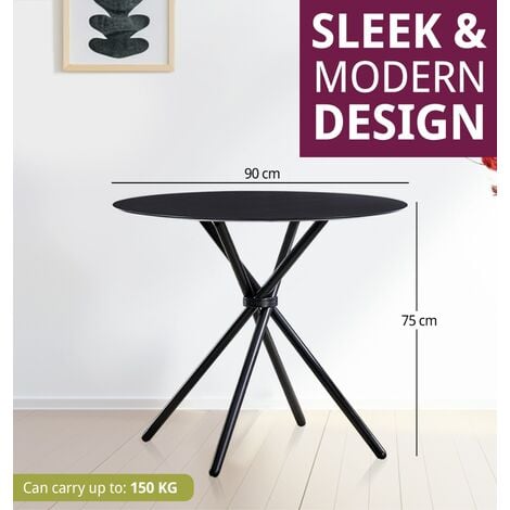 Hallowood Furniture Cullompton Small Round Dining Table with Wooden Effect Top and Black Metal Legs, Black Dining Table, Wooden Dining Table, Dining Table for Home and Cafe (90cm)