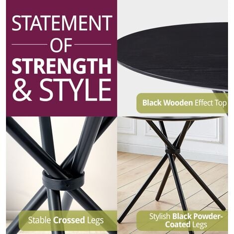 Hallowood Furniture Cullompton Small Round Dining Table with Wooden Effect Top and Black Metal Legs, Black Dining Table, Wooden Dining Table, Dining Table for Home and Cafe (90cm)
