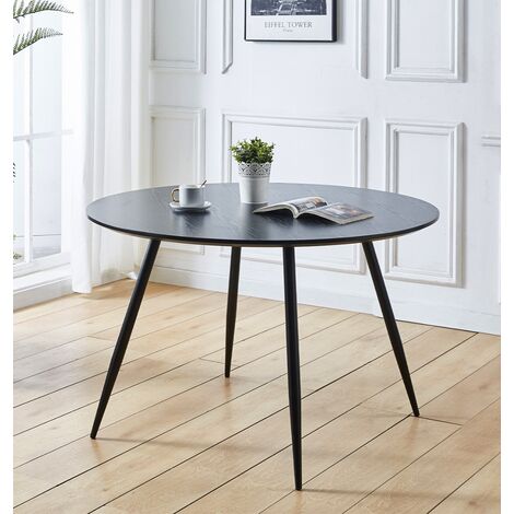 Hallowood Furniture Cullompton Large Round Dining Table, Wooden Effect Top and Black Metal Legs, Black Dining Table, Wooden Dining Table, 120cm Dining Table for Home and Restaurants