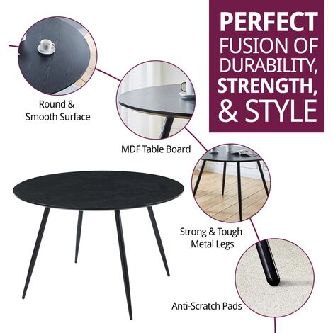 Hallowood Furniture Cullompton Large Round Dining Table, Wooden Effect Top and Black Metal Legs, Black Dining Table, Wooden Dining Table, 120cm Dining Table for Home and Restaurants