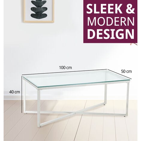 Hallowood Furniture Finely Large Coffee Table with Glass Top, Rectangular Centre Table, Modern Coffee Table, Elegant Glass Coffee Table, Occasional Table for Living Room & Office