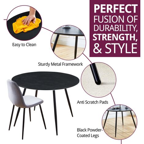 Hallowood Furniture Cullompton Large Black Dining Room Set of 4, 120cm Round Table Wooden Effect Top and Grey Fabric Chairs, Kitchen Table and Chair Set for Home and Cafe