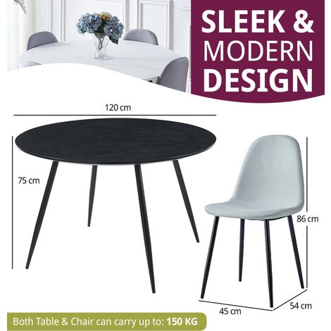 Hallowood Furniture Cullompton Large Black Dining Room Set of 4, 120cm Round Table Wooden Effect Top and Grey Fabric Chairs, Kitchen Table and Chair Set for Home and Cafe