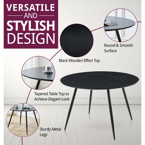 Hallowood Furniture Cullompton Large Black Dining Room Set of 4, 120cm Round Table Wooden Effect Top and Grey Fabric Chairs, Kitchen Table and Chair Set for Home and Cafe