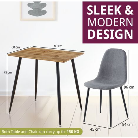Hallowood Furniture Cullompton Small Dining Table and 2 Chairs, Rectangular Kitchen Table and 2 Chairs with Oak Effect Top & Grey Fabric Chairs, Dining Set for Home & Café