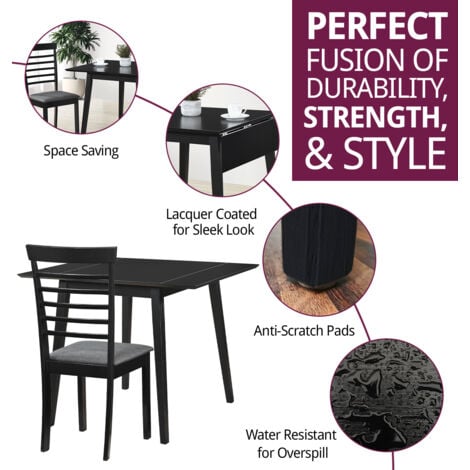 Hallowood Furniture Ledbury Small Wooden Dining Table and Chairs Set 2, Drop Leaf Table & Chairs, Folding Table and Chairs in Black, Kitchen Table Dining Room Set for Home & Cafe