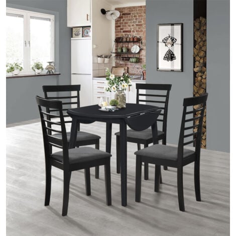 Hallowood Furniture Ledbury Round Dining Table and Chairs Set 4 in Black Finish, Wooden Drop Leaf Kitchen Table and Chairs with Dark Grey Fabric Padded Seat, Dining Room Set