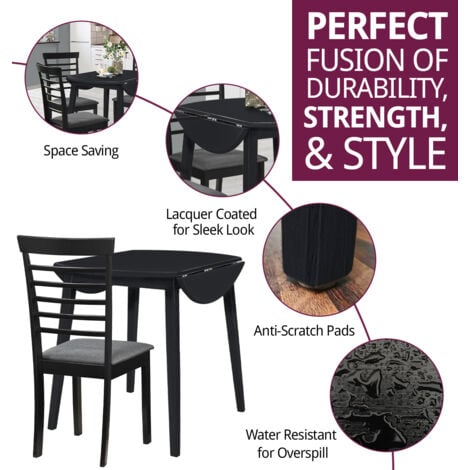 Hallowood Furniture Ledbury Round Dining Table and Chairs Set 4 in Black Finish, Wooden Drop Leaf Kitchen Table and Chairs with Dark Grey Fabric Padded Seat, Dining Room Set