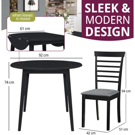 Hallowood Furniture Ledbury Round Dining Table and Chairs Set 4 in Black Finish, Wooden Drop Leaf Kitchen Table and Chairs with Dark Grey Fabric Padded Seat, Dining Room Set
