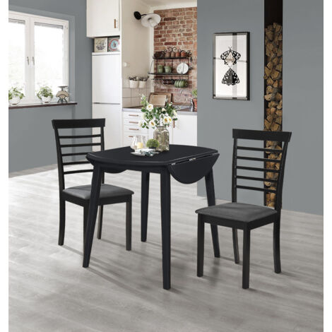 Hallowood Furniture Ledbury Round Dining Table and Chairs Set 2 in Black Finish, Wooden Drop Leaf Kitchen Table and Chairs with Dark Grey Fabric Padded Seat, Dining Room Set