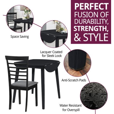 Hallowood Furniture Ledbury Round Dining Table and Chairs Set 2 in Black Finish, Wooden Drop Leaf Kitchen Table and Chairs with Dark Grey Fabric Padded Seat, Dining Room Set