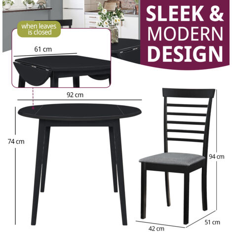Hallowood Furniture Ledbury Round Dining Table and Chairs Set 2 in Black Finish, Wooden Drop Leaf Kitchen Table and Chairs with Dark Grey Fabric Padded Seat, Dining Room Set