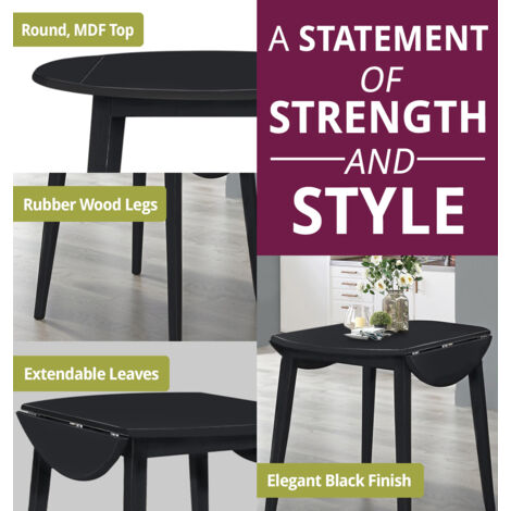 Hallowood Furniture Ledbury Round Dining Table and Chairs Set 2 in Black Finish, Wooden Drop Leaf Kitchen Table and Chairs with Dark Grey Fabric Padded Seat, Dining Room Set