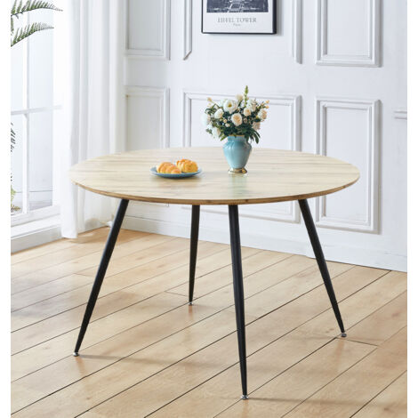 Hallowood Oak Furniture Cullompton Large Round Dining Table, Wooden Dining Table with Oak Effect Table Top & Black Metal Legs, Round Table, 4- 6 Seaters Dining Table (120cm)