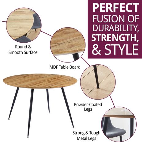 Hallowood Oak Furniture Cullompton Large Round Dining Table, Wooden Dining Table with Oak Effect Table Top & Black Metal Legs, Round Table, 4- 6 Seaters Dining Table (120cm)