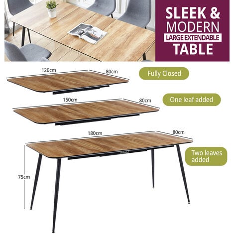 Hallowood Furniture Cullompton Large Extending Table, Wood Dining Table with Oak Effect Top & Black Metal Legs, 4-8 Seaters Extendable Dining Table for Dining Room (120-180cm)