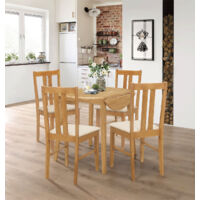 Hallowood Furniture Ledbury Round Dining Table and Chairs Set 4, Light Oak Drop Leaf Table and Chairs with Cream Fabric Padded Seats, Space-Saving Wooden Dining Room Set for Home or Cafe