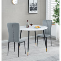 Hallowood Furniture Finley Small Table and Chairs Set 2, White Marble Effect Round Dining Table and 2 Light Grey Faux Leather Chairs, Perfect for Home, Office, or Café Spaces